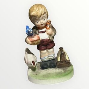 Vintage Boy With Blue Bird Chicken Figurine Collectible